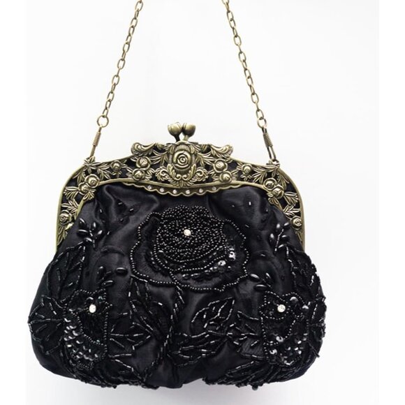 Stunning Black Sequin Clutch Handbag with Rose Kiss Lock - Perfect for Weddings - Picture 3 of 7
